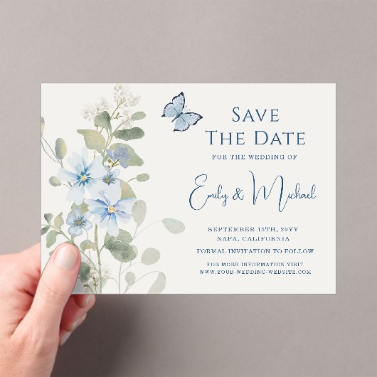 ロマンチック ダスティーブルー 水彩 フラワー ウェディング アクリル招待状 (インサイチュ (ポータブル))