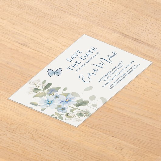 ロマンチック ダスティーブルー 水彩 フラワー ウェディング アクリル招待状 (レイダウン)