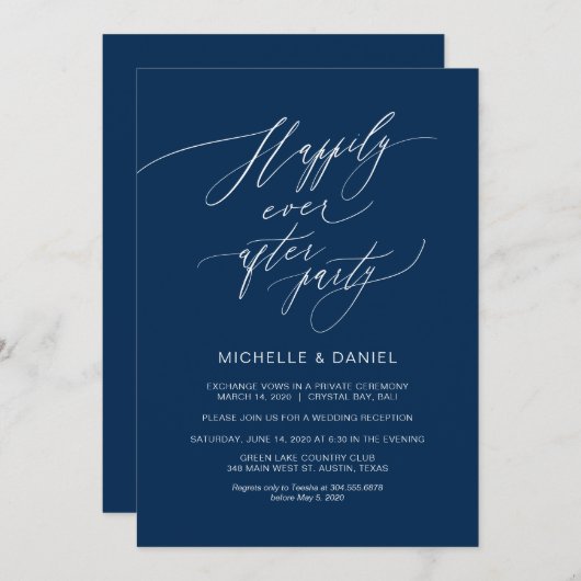 ロマンチック ネイビーブルー スクリプト, ウェディング エロープメント 招待状 (正面/裏面)