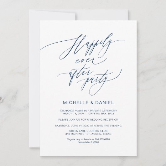 ロマンチック ネイビーブルー スクリプト, 結婚式の秘密の誓い 招待状 (正面)