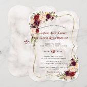 ロマンチック バーガンディー ピンク フラワーズ マーブル ウェディング 招待状 (正面/裏面)