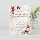 ロマンチック バーガンディー ピンク フラワーズ マーブル ウェディング 招待状 (スタンド正面)