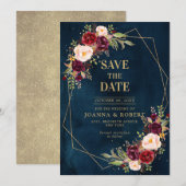 ロマンチック バーガンディー ブラッシュ ピンク ボタニカル ジオメトリック S セーブザデート (正面/裏面)