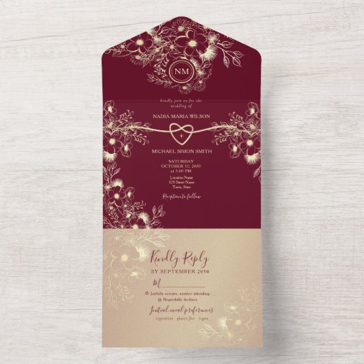 ロマンチック バーガンディ ゴールド フラワー ウェディング オールインワン招待状 (内側)