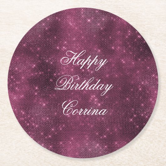 ロマンチック バーガンディ スパークル グリッツィー 誕生日 ラウンドペーパーコースター (正面)