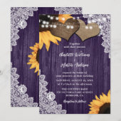 ロマンチック パープル ウッド フラワー レース ひまわり ウェディング 招待状 (正面/裏面)