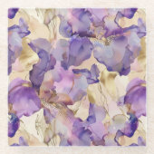 ロマンチック パープル ゴールド アイリス フラワーブライダルシャワー ガラスコースター (正面)