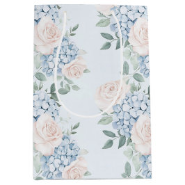 ロマンチック ピンク ブルー フラワーズ ブライダル シャワー ミディアムペーパーバッグ