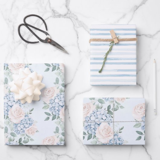 ロマンチック ピンク ブルー フラワーズ ブライダル シャワー ラッピングペーパーシート (正面)