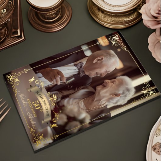 ロマンチック フォト ゴールデン 50周年記念セレブレーション 箔招待状