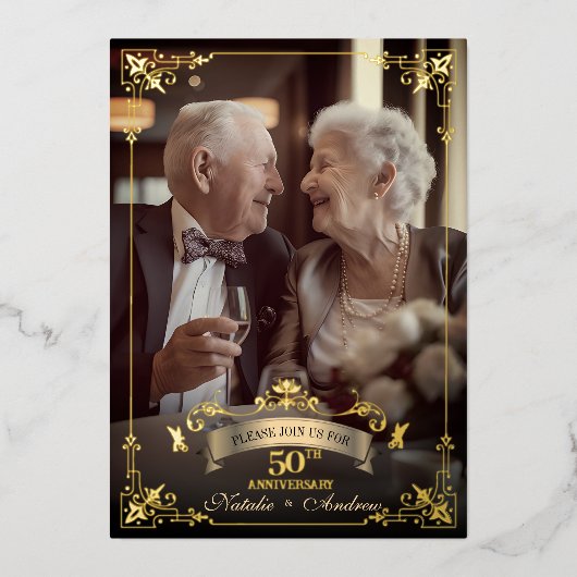 ロマンチック フォト ゴールデン 50周年記念セレブレーション 箔招待状 (正面)