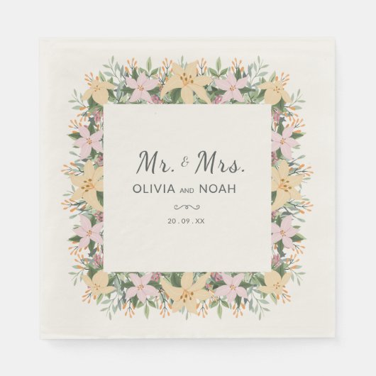 ロマンチック フラワーズ ミスター＆ミセス ウェディング スタンダードランチョンナプキン (正面)