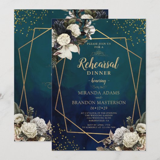 ロマンチック フラワーリース ゴールド リハーサル ディナー 招待状 (正面/裏面)