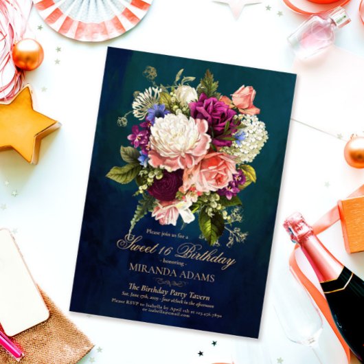 ロマンチック フラワー エメラルド グリーン ゴールド 16歳 誕生日 招待状