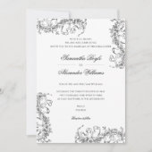 ロマンチック フローラル フレンチ ロココ ブラック ホワイト ウェディング 招待状 (正面)