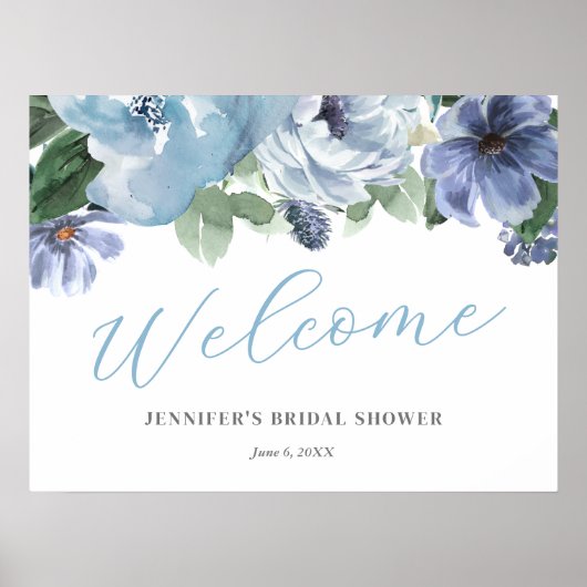 ロマンチック ブルー フラワーブライダルシャワー ウェルカムサイン ポスター (正面)