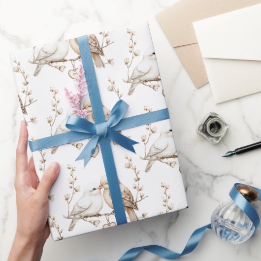 ロマンチック ラブ バーズ ハート ウェディング ラッピングペーパー (ギフト)