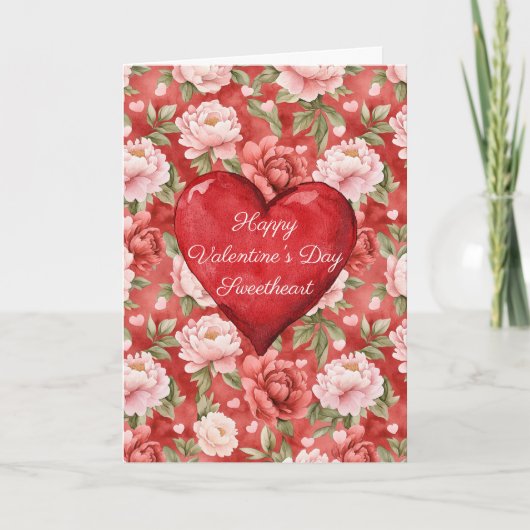 ロマンチック レッド ハート ピンク フラワーバレンタインデー カード (正面)