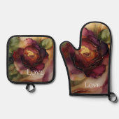 ロマンチック レッド バーガンディ ローズゴールド フローラル 鍋つかみ&鍋敷きセット (正面)