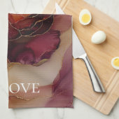 ロマンチック レッド バーガンディ ローズ ゴールド フローラル キッチンタオル (四つ折り)