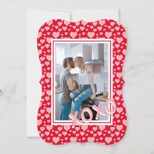 ロマンチック レッド ピンク ハーツ XOXO フォト バレンタイン カード (正面)