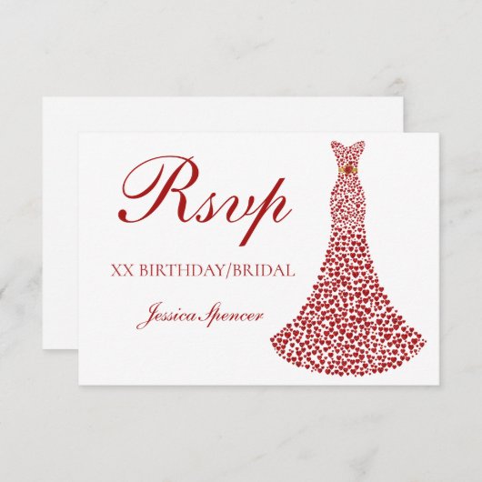 ロマンチック レッド ラブ ハート ドレス ウェディング バースデー 出席確認 出欠カード (正面/裏面)