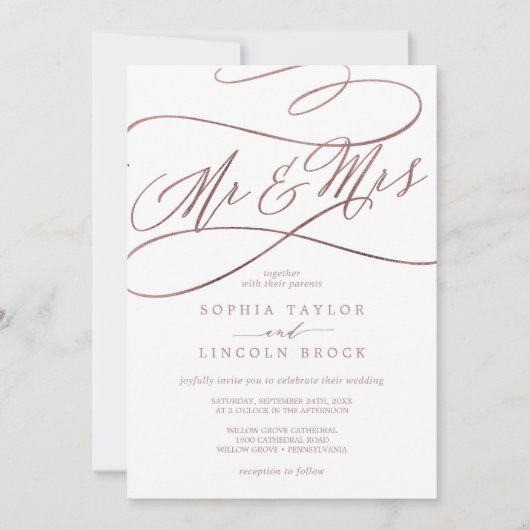 ロマンチック ローズゴールド カリグラフィー Mr & Mrs ウェディング 招待状 (正面)