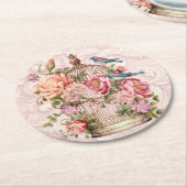 ロマンチック ヴィンテージ 水彩 フラワーバードケージ ラウンドペーパーコースター (アングル)