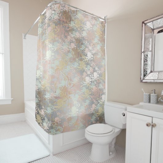 ロマンチック、金ゴールド、ティール（緑がかった色）、水色、シック、フローラ シャワーカーテン (インサイチュ)