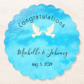 ロマンチック - 青い背景にピンクのハートを持つ2羽の鳩 ペーパーコースター (正面)