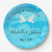 ロマンチック - 青い背景にピンクのハートを持つ2羽の鳩 ペーパープレート (正面)