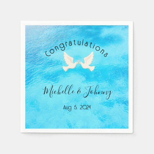 ロマンチック – 青のピンクのハートと2つの鳩 スタンダードカクテルナプキン (正面)