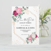 ロマンチックBurgundyBlushピンクフローラの日付を保存 セーブザデート (スタンド正面)