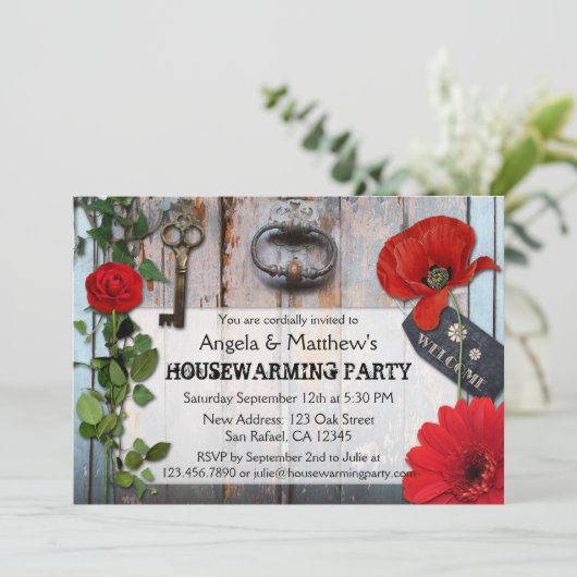 ロマンチッ素朴クフローラウッド引っ越し祝いパーティー招待状 招待状 (スタンド正面)