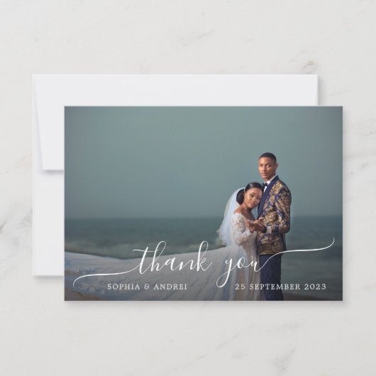 ロマンチモダンックな白い書道写真結婚の写真 サンキューカード (正面)