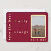 ロマンチモダンックBurgundy金ゴールドカップル写真結婚の セーブザデート (正面)