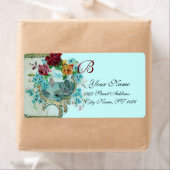 ロマンティカティール(緑がかった色)ブルーフローラビーチ結婚式モノグラム ラベル (インサイチュ)