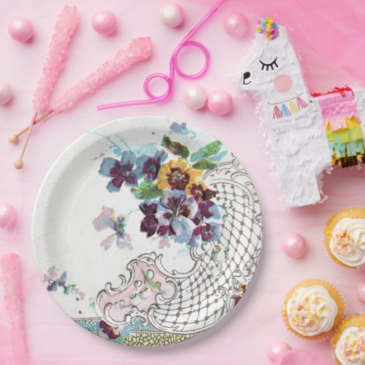 ロマンティカピンクブルー結婚ホワイトフローラ ペーパープレート (パーティー)