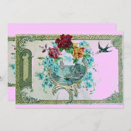 ロマンティカ3フローラブルーピンクウェディングパーティー 招待状 (正面/裏面)