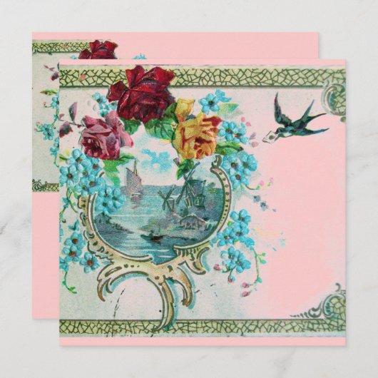 ロマンティカ3フローラブルーピンクウェディングパーティー 招待状 (正面/裏面)