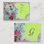 ロマンティカ、ブルーグリーンピンクフローラ、鳩モノグラム 名刺 (正面/裏面)