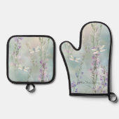 ロマンティックで可愛いラベンダーの花とトンボ 鍋つかみ&鍋敷きセット (正面)
