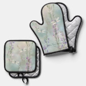 ロマンティックで可愛いラベンダーの花とトンボ 鍋つかみ&鍋敷きセット (正面/裏面)
