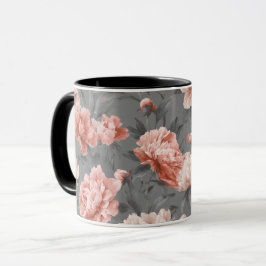 ロマンティックなくすみピンクの芍薬グレー花柄 マグカップ