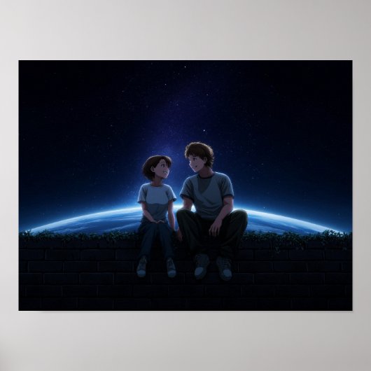 ロマンティックなアニメのカップルが星空の下に座る ポスター (正面)