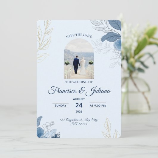 ロマンティックなウォーターフロントの結婚式 セーブザデート (スタンド正面)