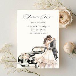 ロマンティックなカップルのビンテージカーの結婚式Save the Date セーブザデート