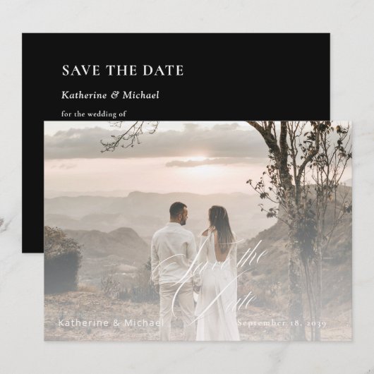 ロマンティックなカリグラフィーの筆記体 結婚式 写真追加 セーブザデート (正面/裏面)