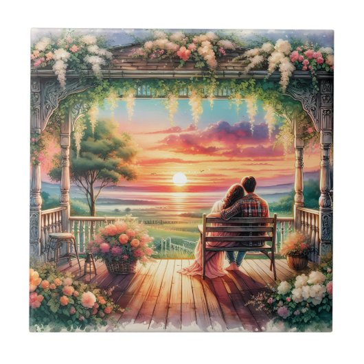 ロマンティックなサンセットポーチのイラスト タイル (正面)