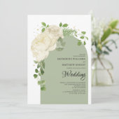 ロマンティックなセージグリーンのクリーム色のバラ ボホ フラワーアーチ 招待状 (スタンド正面)